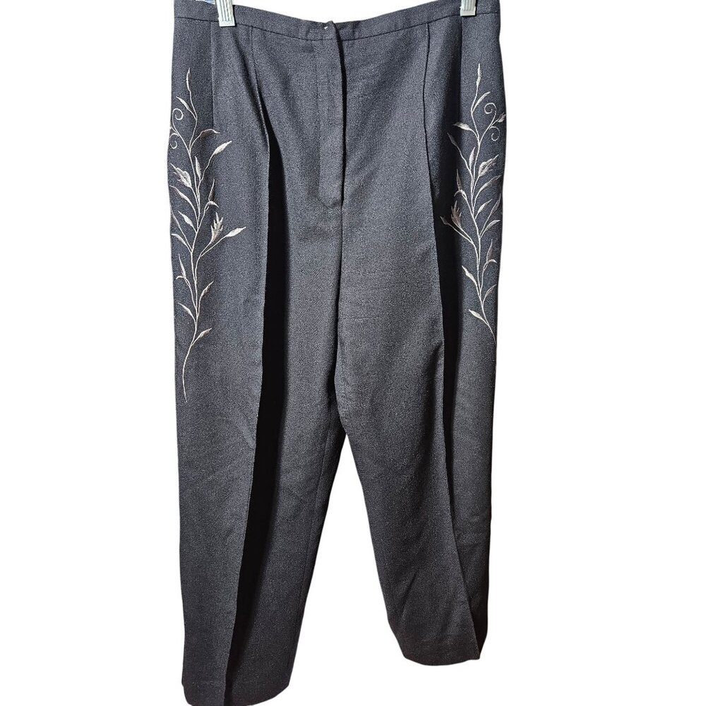 Harvé Benard Black Wool Blend Embroidered Trousers Size 10P Womens Petite